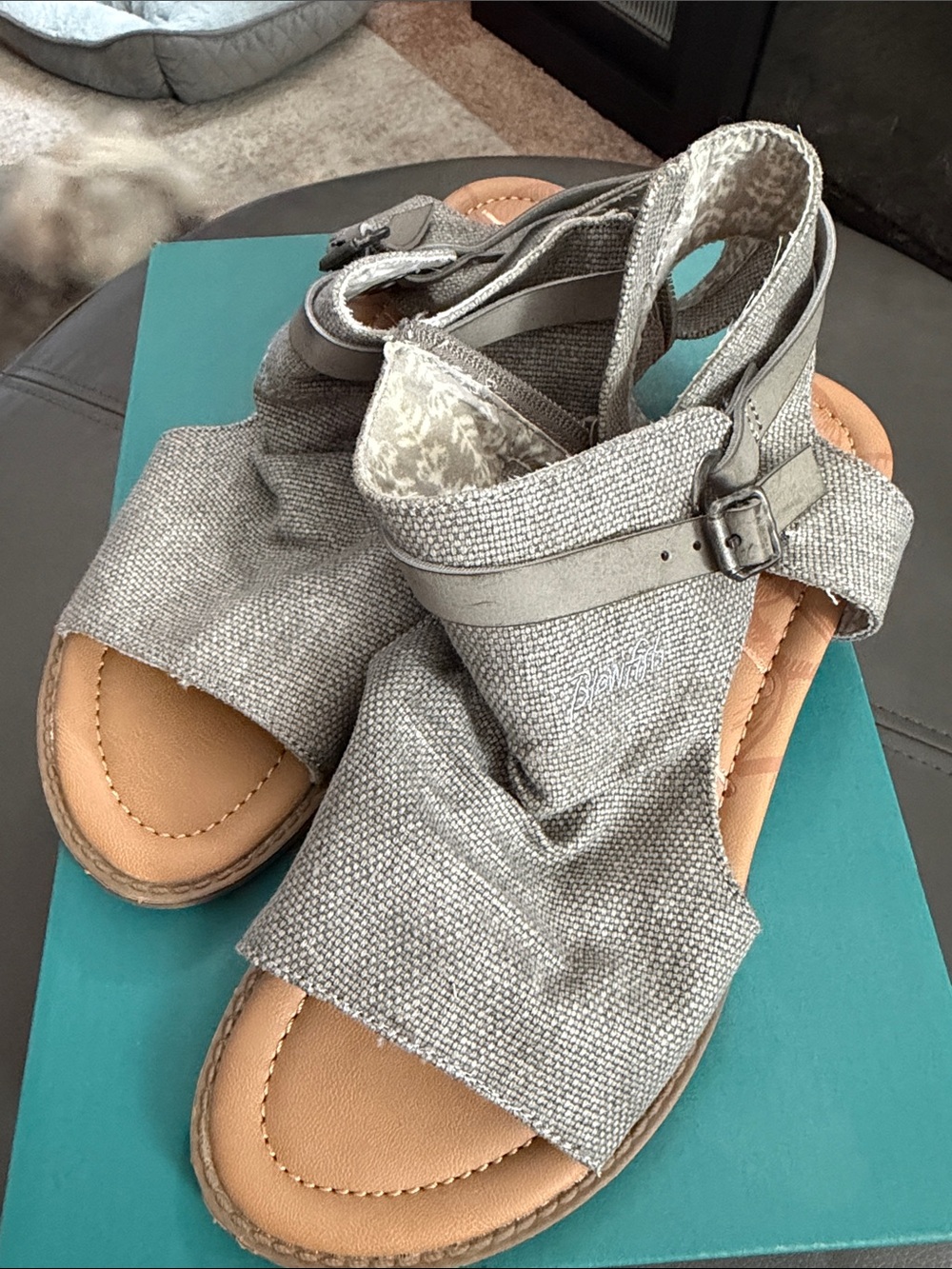 Blowfish woven crisscross sandals in stone gray and tan